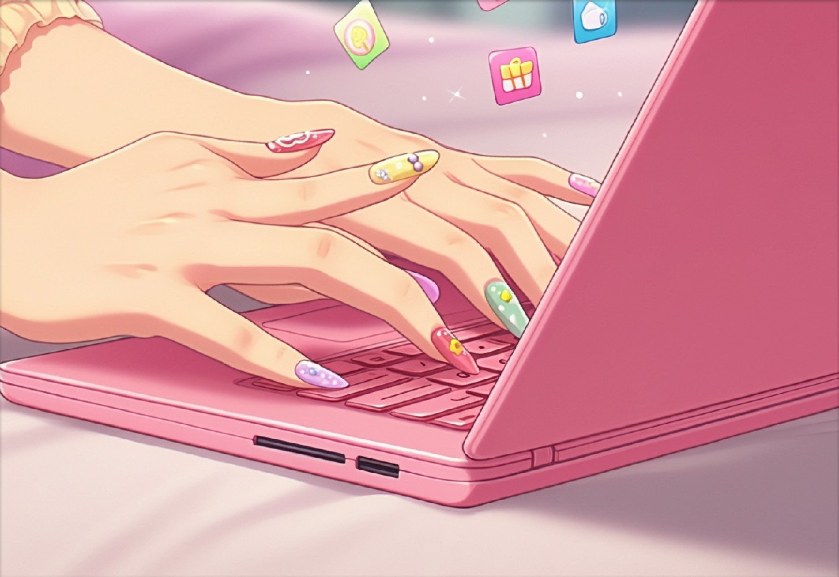 Image d'une femme avec des ongles vernis qui tape sur un clavier d'ordinateur